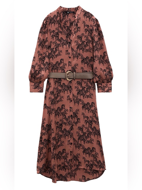 Zara Dresses & Skirts - Zara Rust-Brown Zebra Print Maxi Shirt Dress with Brown Belt